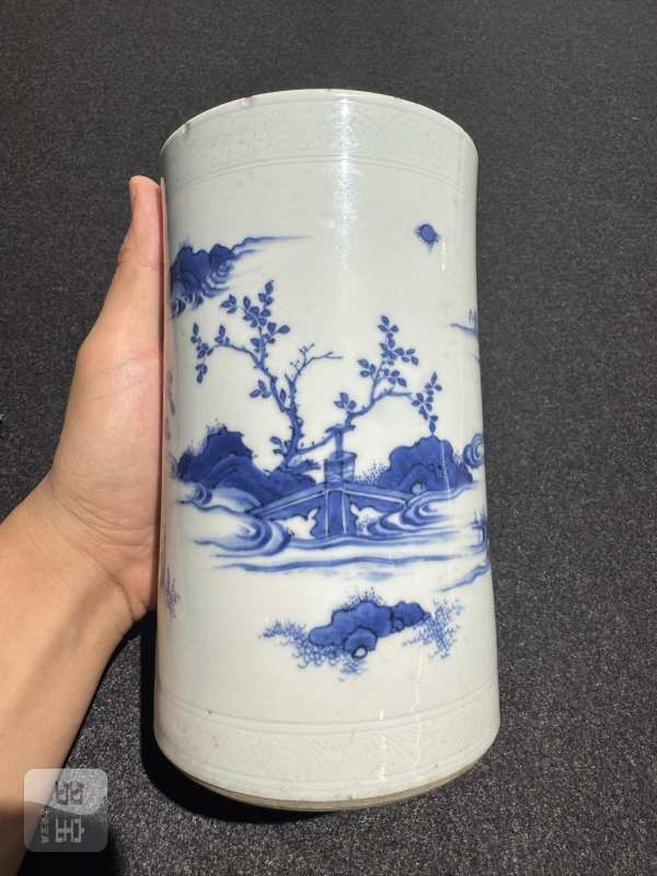 明崇祯 青花封侯拜相图笔筒 - 图7
